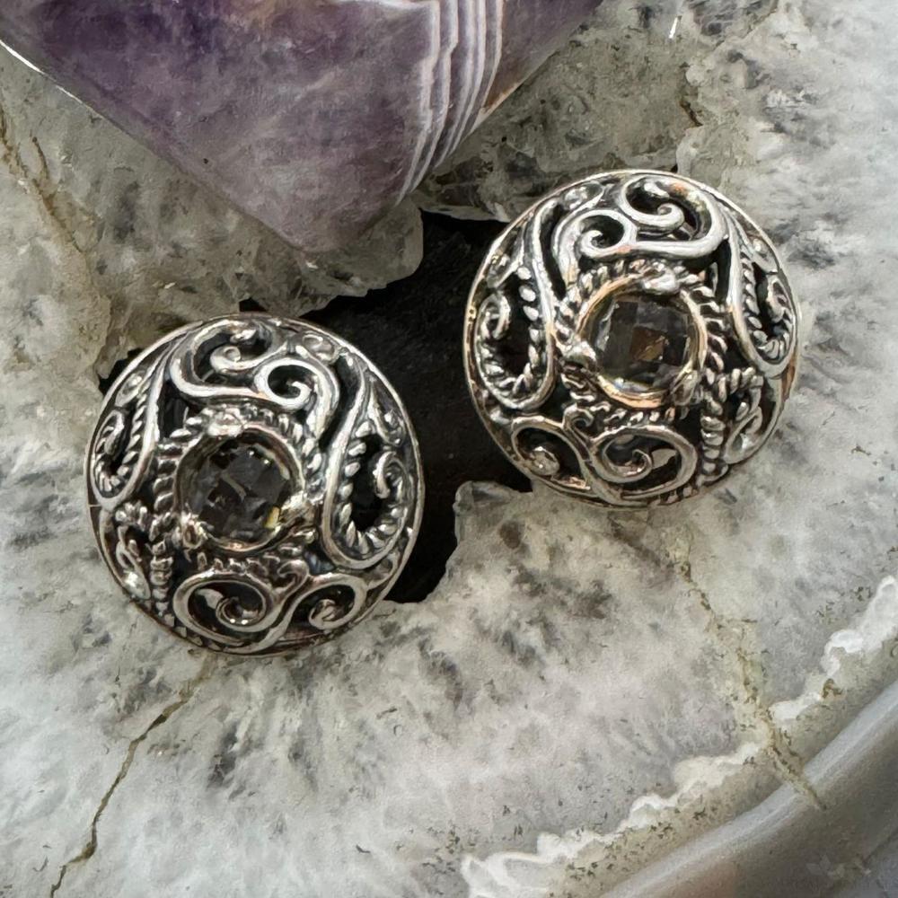Carolyn Pollack Sterling Faceted Smoky Quartz Decorated Safety Clip Earrings